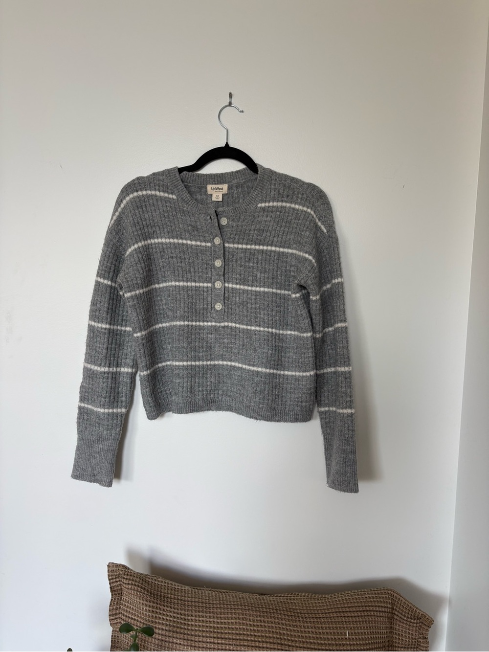 UpWest Gray and White Striped Knit Henley Sweater
